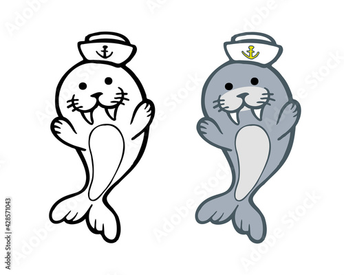 cute walrus cartoon vector illustration outline and color isolated on white background. clip art. Print For Clothing Design, Great for icon, symbol, children's book, postcard.