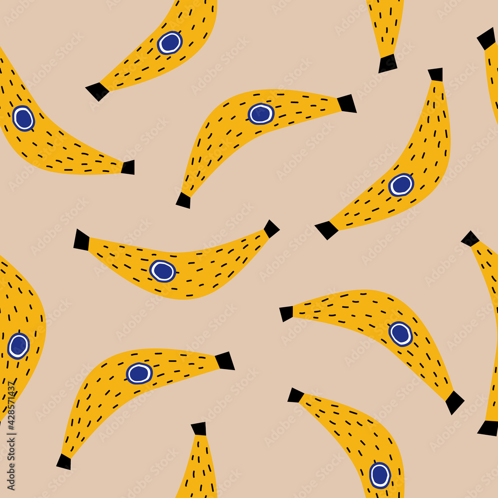 Seamless pattern with funny banana. Fruit print. Vector hand drawn illustration.