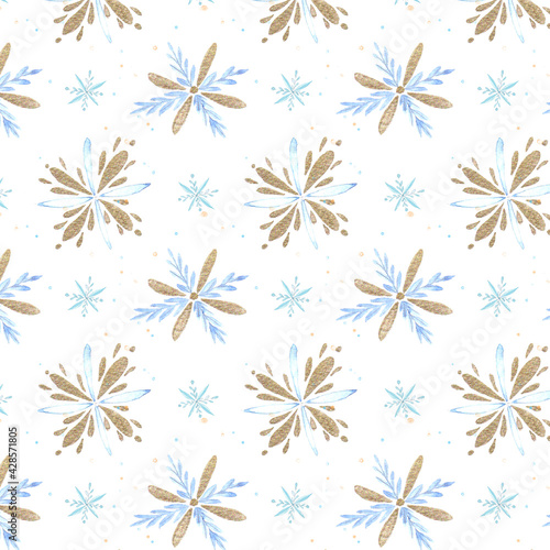 Watercolor snowflakes pattern, blue and gold colors
