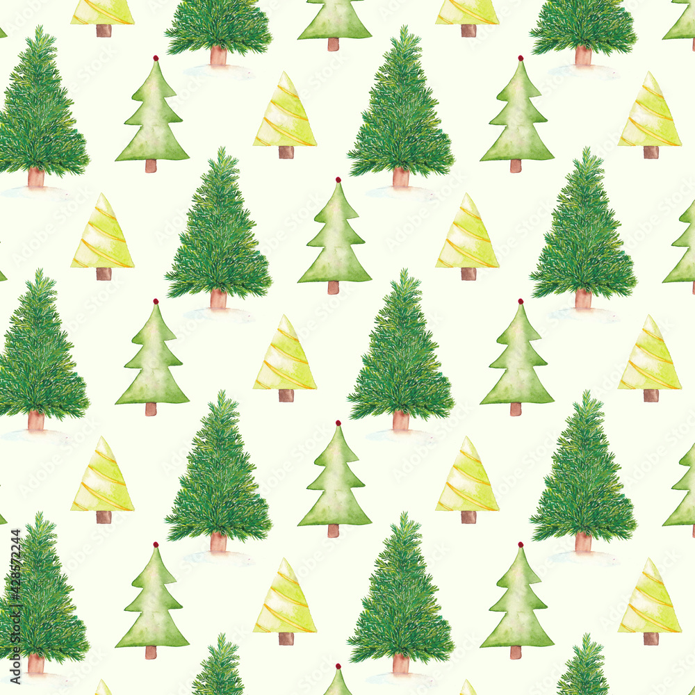 Watercolor Christmas Pattern with Christmas trees