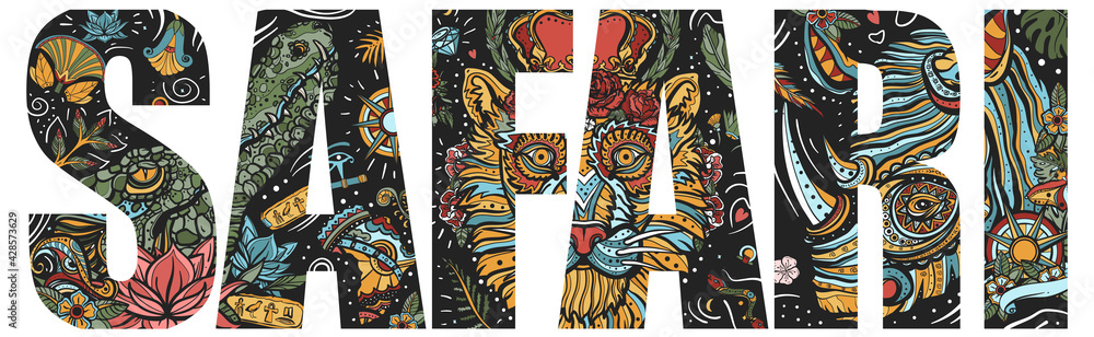 Safari slogan. Royal lion, evil crocodile and romantic rhino. Typography art. Tattoo style. Vector graphics. Africa zoo lifestyle. Double exposure lettering. African wild animals portrait Safari slogan. Royal lion, evil crocodile and romantic rhino. Typography art. Tattoo style. Vector graphics. Africa zoo lifestyle. Double exposure lettering. African wild animals portrait