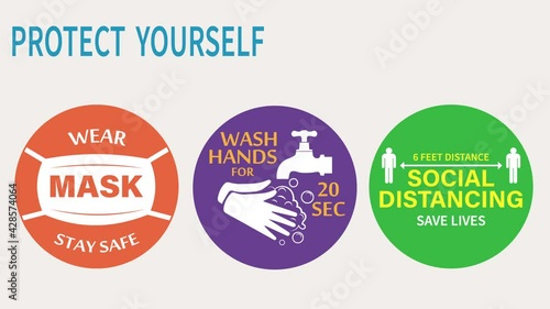 Protect yourself from the coronavirus. A set of colored icons to wear a mask, wash your hands, social distance. Animated motion design on the theme of the coronavirus pandemic 2019-nCoV.