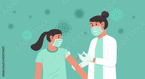 Immunization and vaccination flu shot concept, female doctor with medical protective suit, glove, mask inject syringe in patient arm, Covid-19 prevention with girl having vaccine, vector illustration