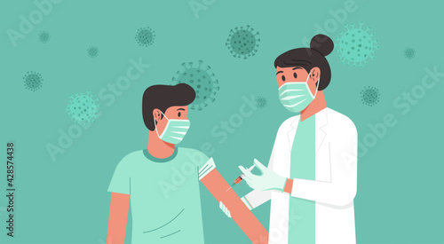 Immunization and vaccination flu shot concept, female doctor with medical protective suit, glove, mask inject syringe in patient arm, Covid-19 prevention with boy having vaccine, vector illustration