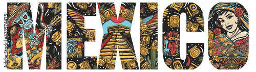 Mexico slogan. Mayan concept. Day Of Dead art. Old school tattoo vector art. National culture and people. Double exposure lettering. Skeleton with guitar, mexican woman and aztec pyramids