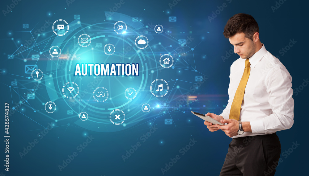 Businessman thinking about modern technology Businessman thinking about modern technology