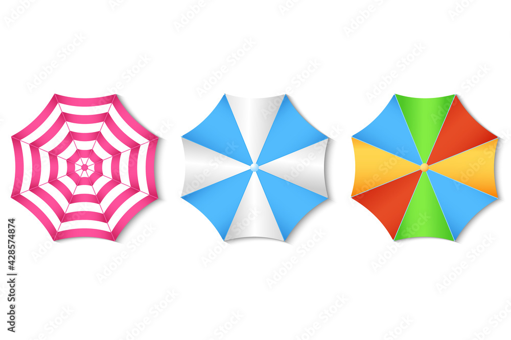 A set of beach umbrellas. Top view. Three umbrellas striped, white-blue and multicolored isolated on a white background. Vector illustration