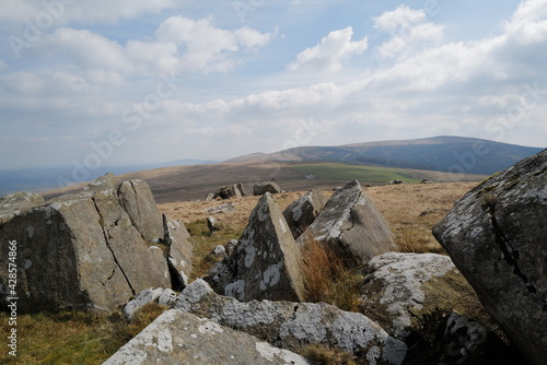 Foel Eryr, Preseli Hill, Pembrokeshire - view towards the highest hill in Pembrokeshire through the blue stone rocks