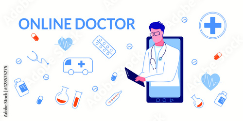 Online doctor consultation. Smartphone screen with female therapist. Medical consultation. Vector illustration
