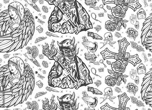 Good and devil. Angel and demon seamless pattern. Cross with roses, hands prayer, dove. Sin and holiness. Paradise and Hell art. Terrible satan with pitchforks and holy nun. Old school tattoo style