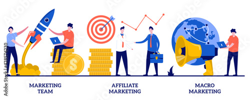 Marketing team, affiliate marketing, macro marketing concept with tiny people. Professional marketers service abstract vector illustration set. Advertising business, worldwide networking metaphor