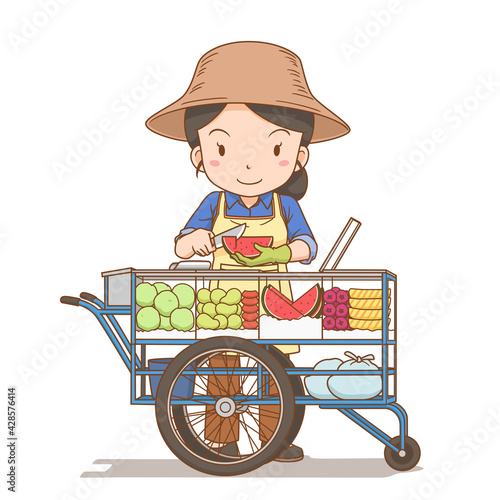 Cartoon illustration of Thai fresh fruit street vendor.