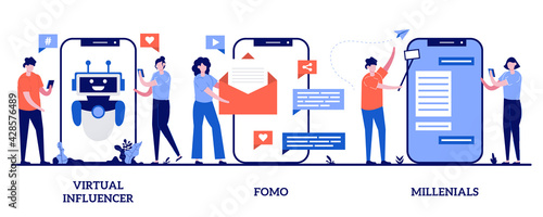 Virtual influencer, FOMO, millennials generation concept with tiny people. Online communication vector illustration set. Digital native and social media, brand avatar, fear of missing out metaphor