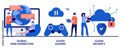 Global web connection, cloud gaming and security concept with tiny people. Cyber security engineering vector illustration set. Network communication, internet, video streaming online metaphor