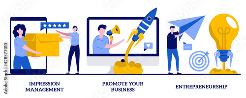 Impression management, promote your business, entrepreneurship concept with tiny people. Business success vector illustration set. Personal brand strategy, social interaction and influence metaphor