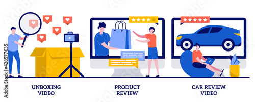 Unboxing video, product and car review concept with tiny people. Video content vector illustration set. Blog monetization, online test-drive, features overview, rating service, advertising metaphor