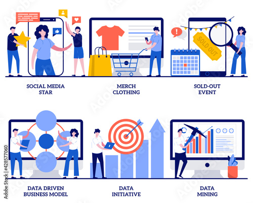 Data driven business model, data initiative, data mining concept with tiny people. Machine learning and database systems abstract vector illustration set. Computer science, code analysis metaphor