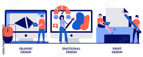 Graphic and print design, emotional engagement concept with tiny people. Design services vector illustration set. Landing web page, freelance illustrator, user experience, business card metaphor