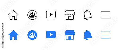 Home, Group, Watch, Marketplace, Notification, Menu. Social Media Icon Set Collection