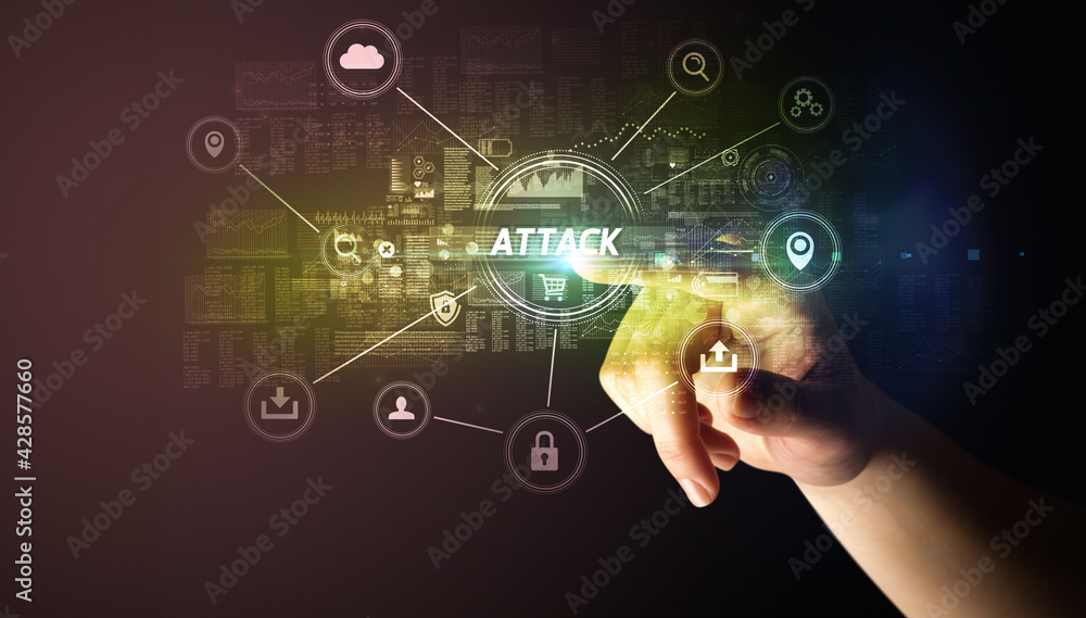 Hand touching cybersecurity button concept Hand touching cybersecurity button concept