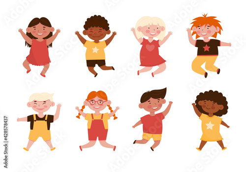 Vector set of happy jumping kids. Group of children's with different nationalites and cultures, friends with different skin and hair color. Isolated on a white background photo