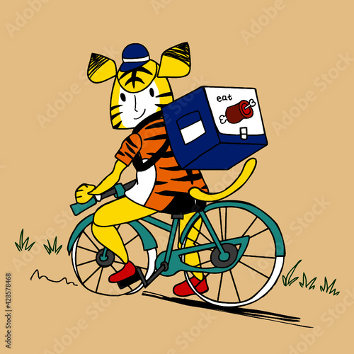 自転車に乗って宅配する虎のキャラクター