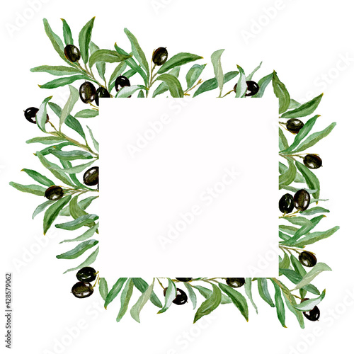 Watercolor greenery olive wreath, geometric square frame, border, wedding invitation, logo design