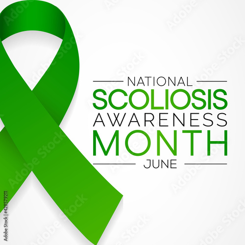 Scoliosis awareness month is observed every year in June, it is an abnormal lateral curvature of the spine. It is most often diagnosed in childhood or early adolescence. Vector illustration.