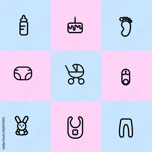 Set of outline icons for baby nursery. Child's goods store, icons for shop. Vector stock illustration for card or poster