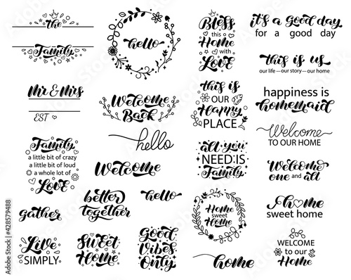 Welcome, hello brush lettering set. Collection of Inscriptions for the entrance to the house, cafe, office. Vector stock illustration for card or poster
