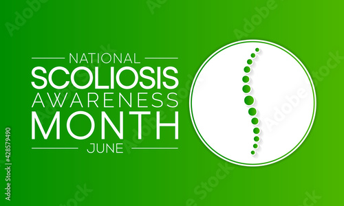 Scoliosis awareness month is observed every year in June, it is an abnormal lateral curvature of the spine. It is most often diagnosed in childhood or early adolescence. Vector illustration.