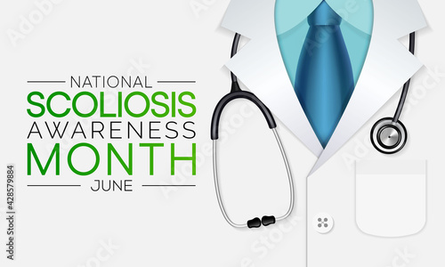 Scoliosis awareness month is observed every year in June, it is an abnormal lateral curvature of the spine. It is most often diagnosed in childhood or early adolescence. Vector illustration.