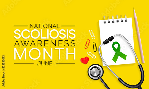 Scoliosis awareness month is observed every year in June, it is an abnormal lateral curvature of the spine. It is most often diagnosed in childhood or early adolescence. Vector illustration.