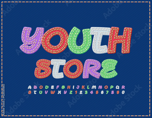 Vector colorful Sign Youth Store.  Bright Denim Font. Jeans style Alphabet Letters and Numbers.