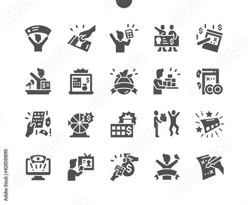 Huge lottery win. Winning ticket. Gambling, huge, money, prize, reward, achievement, target, winner and victory. Vector Solid Icons. Simple Pictogram