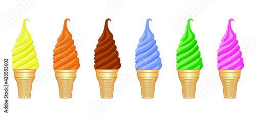 set of colorful ice cream cone or soft cream cone drawing in vector