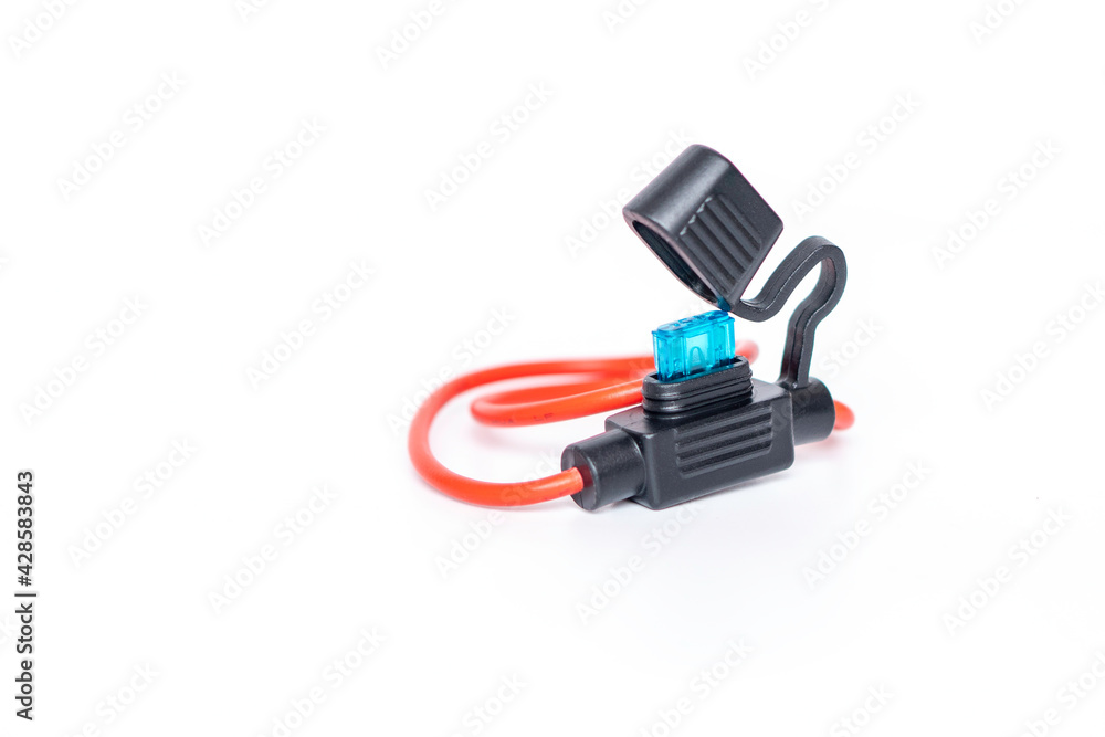 Blue fuse and black fuse box on white background. Blue fuse and black fuse box on white background.