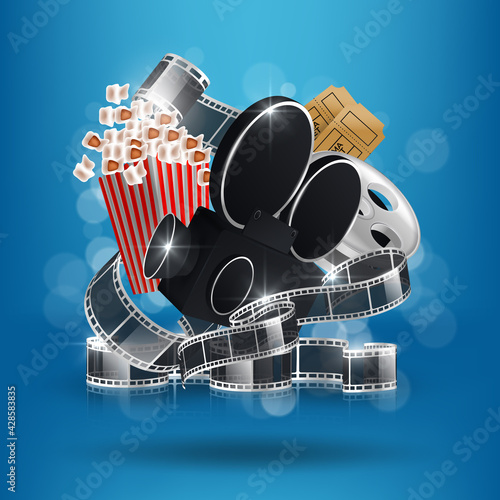 Cinema videocamera food clapboard and 3d glasses design, Movie video film media entertainment theme Vector illustration