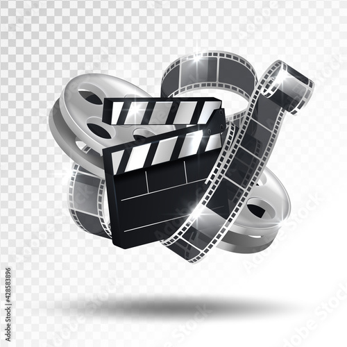 Realistic cinema advertising poster. Popcorn bucket, clapperboard, movie tape and reel, flying popcorn in motion. Film production banner. Movie premiere show announcement design.