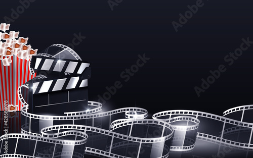 Fototapeta Naklejka Na Ścianę i Meble -  Cinema film strip wave, film reel and clapper board isolated on dark background. 3d movie flyer or poster with place for your text. Template design cinematography concept of film industry. Vector EPS