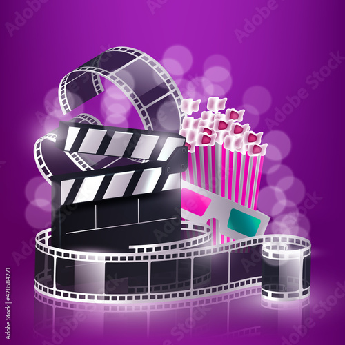 Cinema videocamera food clapboard and 3d glasses design, Movie video film media entertainment theme Vector illustration