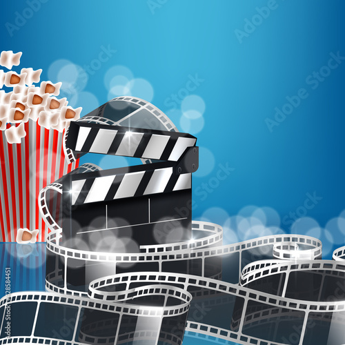 Cinema film strip wave, film reel and clapper board isolated on blue background. 3d movie flyer or poster with place for your text. Template design cinematography concept of film industry. Vector EPS