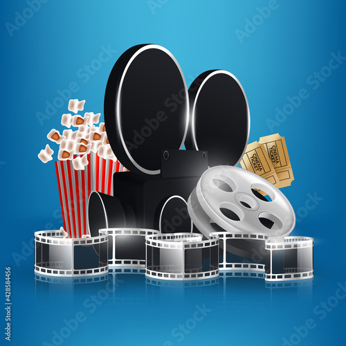 Cinema videocamera food clapboard and 3d glasses design, Movie video film media entertainment theme Vector illustration