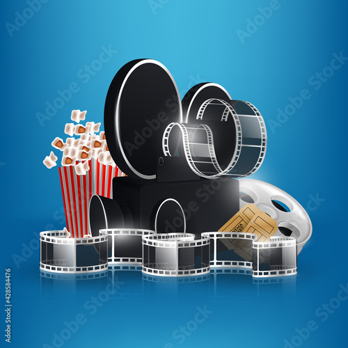 Cinema videocamera food clapboard and 3d glasses design, Movie video film media entertainment theme Vector illustration