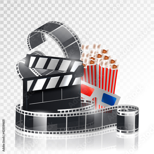 Online cinema, cinema concept banner, strip cinematography, cinematograph, popcorn for movie theater and online cinema, reel with film,