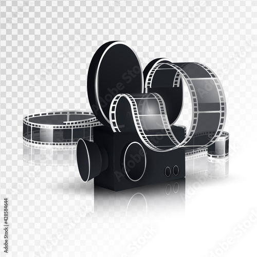 Realistic cinema advertising poster. Popcorn bucket, clapperboard, movie tape and reel, flying popcorn in motion. Film production banner. Movie premiere show announcement design.