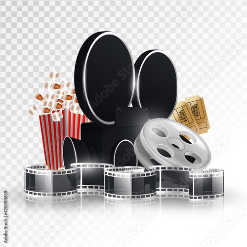 Illustration for the film industry. Popcorn, reel, film and clapperboard on a white background. Highly detailed illustration