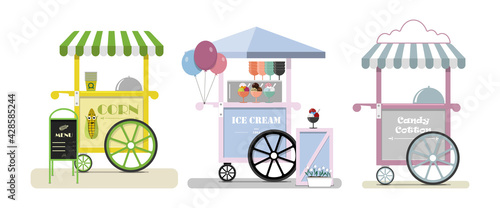Set of vector food trucks with pizza, donuts and ice cream. Vector flat illustration of a fast food place on wheels with a striped awning and an advertising stand with a menu. Stylish retro