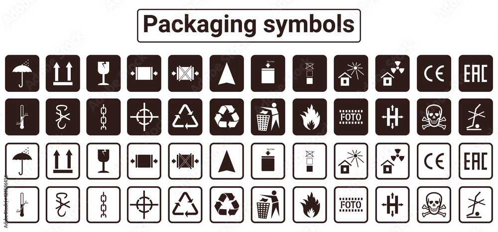 A set of black and white packaging symbols on a white background ...