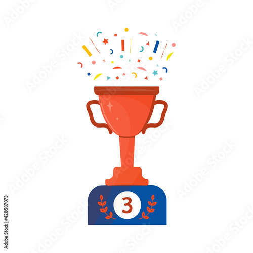 bronze trophy. Cup 3rd prize place. Winner symbol. Confetti in honor of the victory. Design element for applications, certificates, contests, contests. Vector illustration. Flat